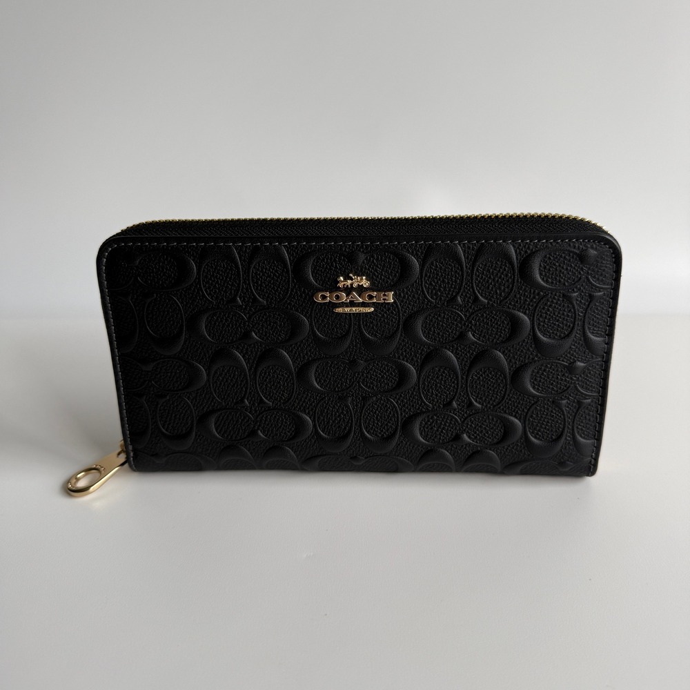 Coach Long Zip Around Black Signature Embossed Leather Wallet CEW21